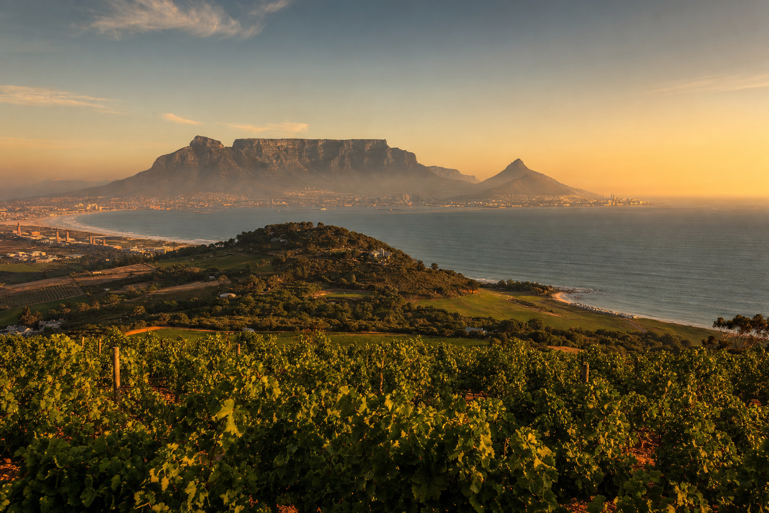 Cape Town coastline and vineyards at golden hour
