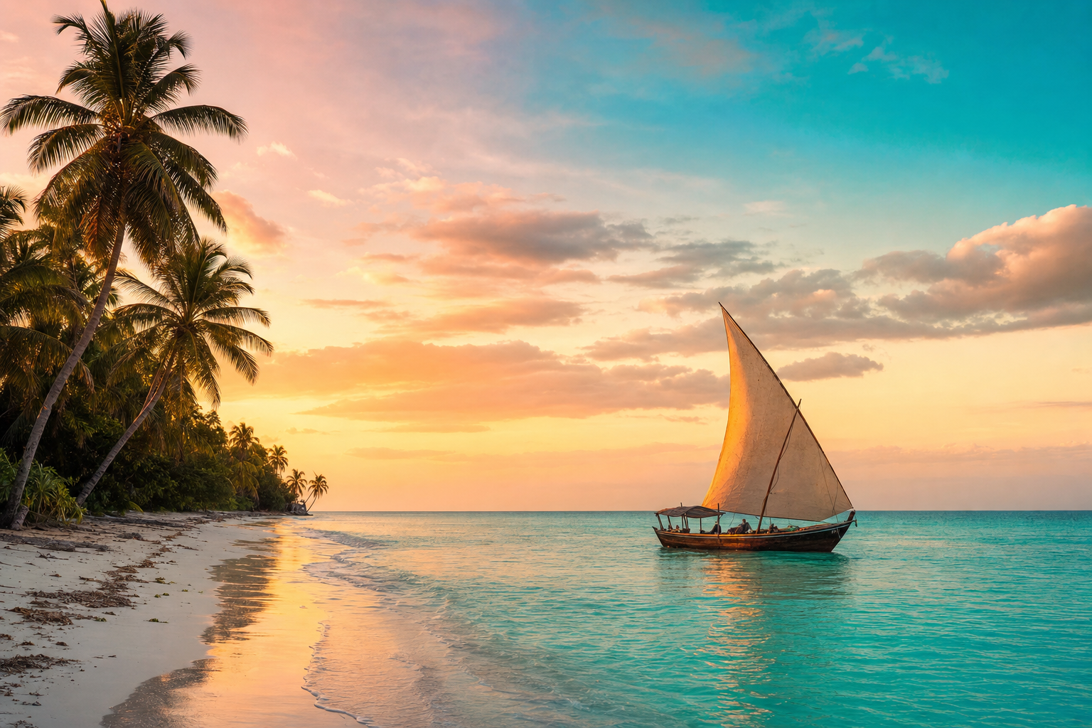 Swahili coast with dhow at sunrise