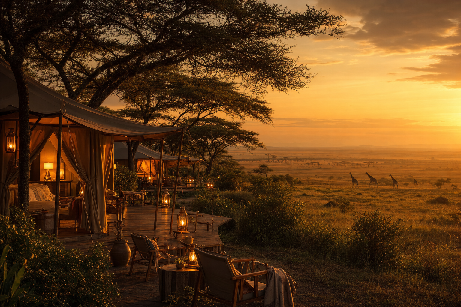 Safari camp at golden hour