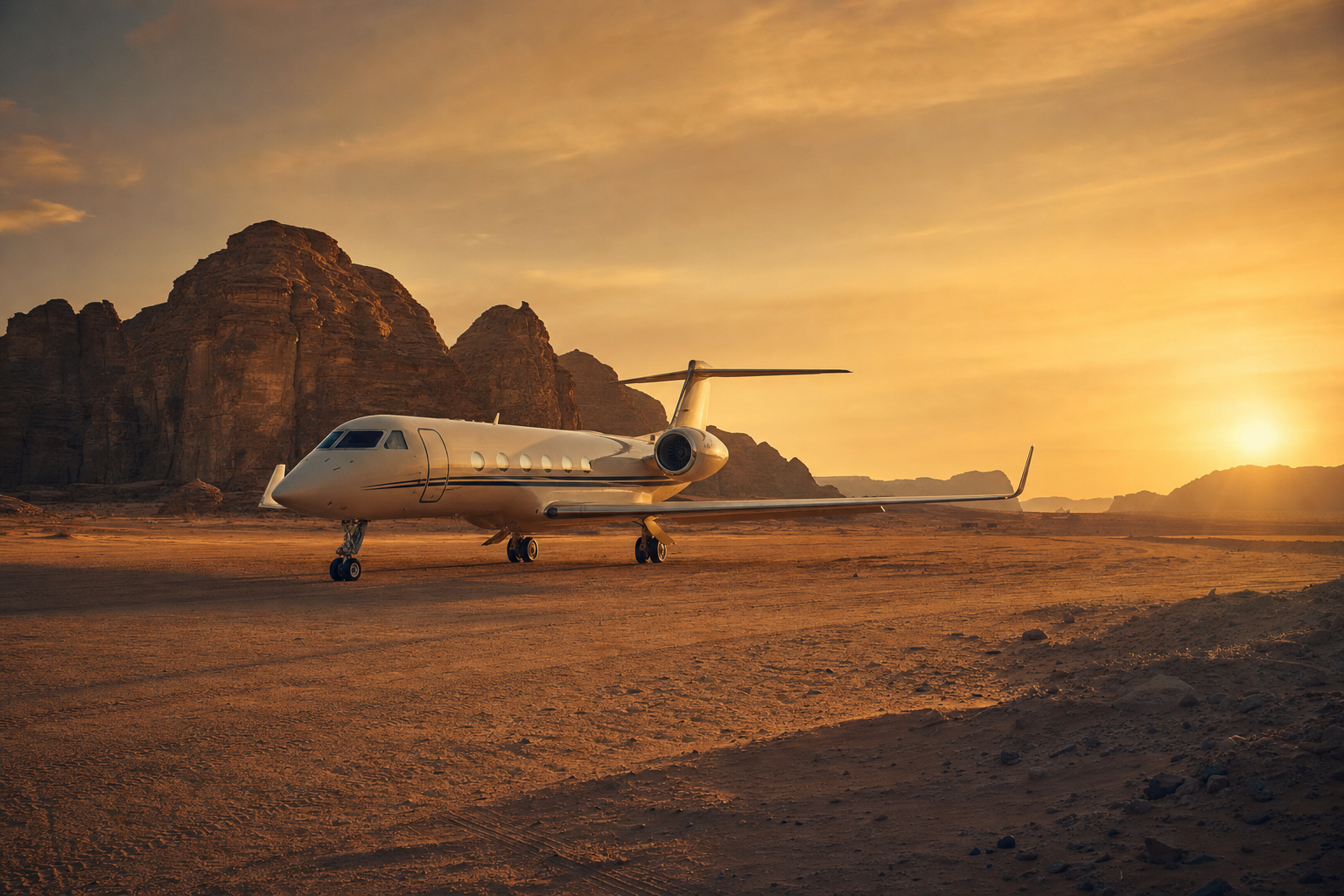 AlUla desert at sunset with private jet