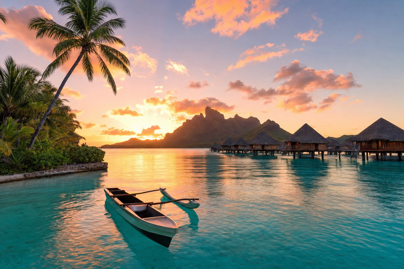 Bora Bora overwater bungalows at sunrise